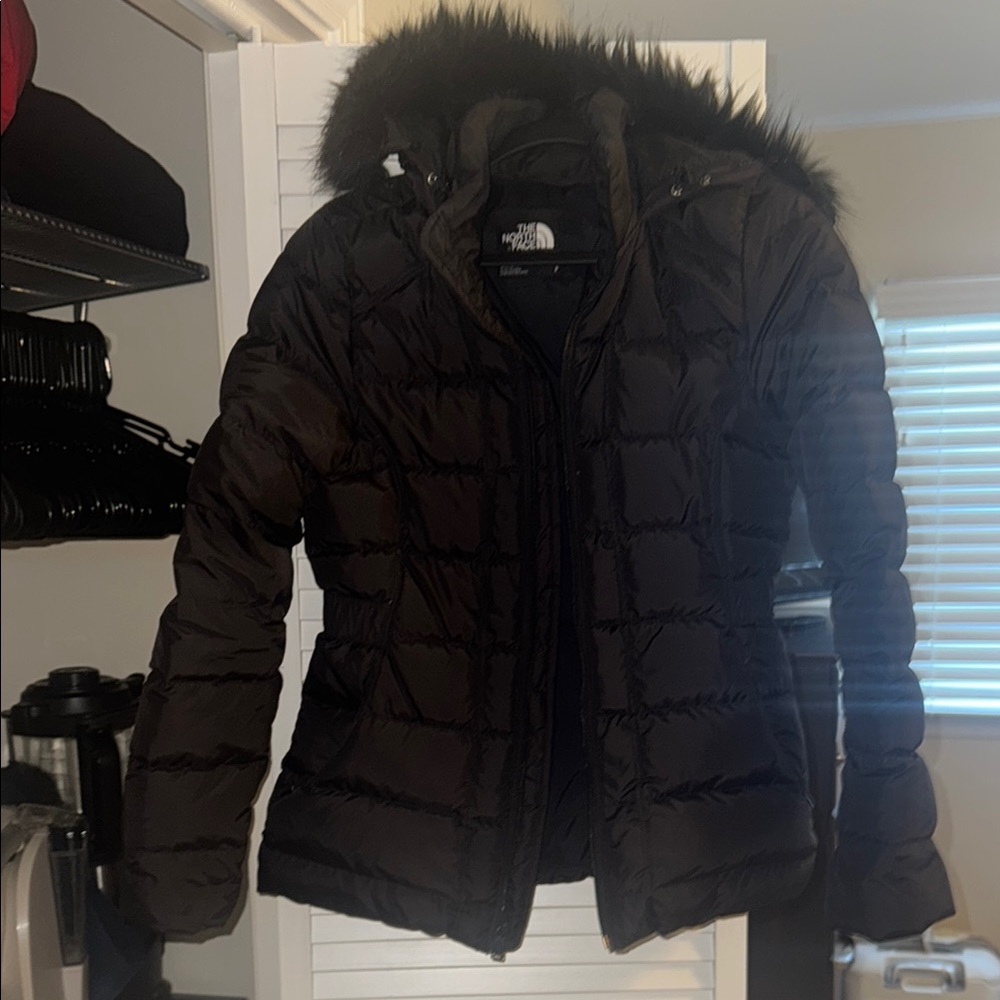The North Face Black Puffer Jacket 550 fur trim hooded